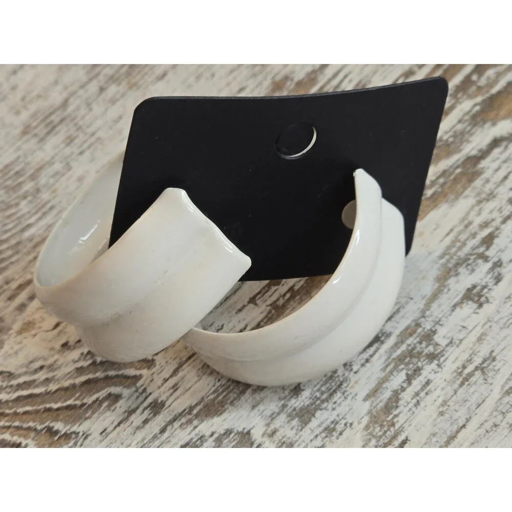 Gold Tone Chunky Hoop Earrings White Acrylic Yellow Matte Hoop Trio Set #433